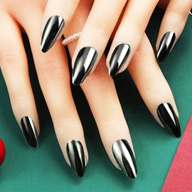 Black Chrome Metal Press on Nails Glossy Sparkly False Nails Gel Glue on Nails with Chrome Design Shine Mirror Medium Almond Manicure Art Acrylic Fake Nails Stick on Nails for Coquette Women 24Pcs