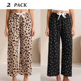 JIFRONT Women's Pajama Bottoms,Comfy Stretch Floral Print Drawstring Palazzo Wide Leg Lounge Pants,2 Pack Women Pajama Pants (Set A, M)