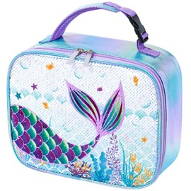 WAWSAM Sequin Mermaid Kids Lunch Bag - Insulated Waterproof Lunch Box for Girls School Travel Office Picnic Workout Camping Food Bag Portable Reusable Blue Lunch Tote with Handle and Pocket