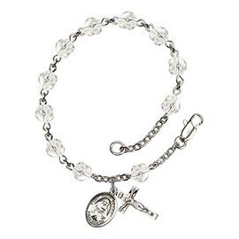 St. Julia Billiart Silver Plate Rosary Bracelet 6mm April Crystal Fire Polished Beads Crucifix Size 5/8 x 1/4 medal charm