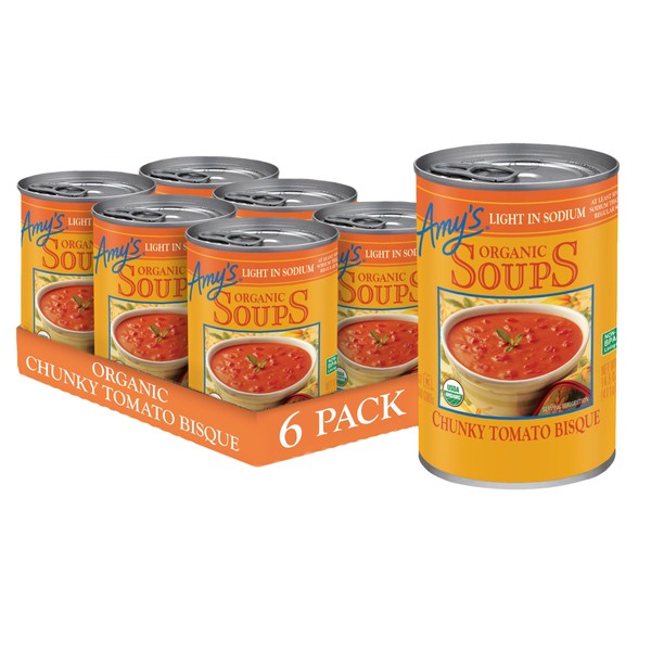 Amy’s Soup, Chunky Tomato Bisque Soup, Light in Sodium, Gluten Free, Made With Organic Tomatoes and Cream, Canned Soup, 14.5 Oz (6 Pack)