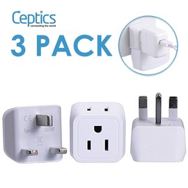 UK, Hong Kong, Ireland Travel Adapter Plug by Ceptics - Light Weight - Dual USA Inputs - Type G - Safe Grounded Perfect for Cell Phones, Laptops, Camera (3 Pack) - Ultra Compact - Use in Dubai, Ghana