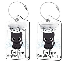 2 Pcs Luggage Tags for Suitcase, Cute Unique PU Leather Travel Bag Tag with Privacy Cover ID Label Address Card and Durable Metal Ring Suitable for Men Women Children Backpack,Cat Under A Dark Cloud