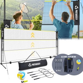 Patiassy 5.1ft-7.4ft Adjustable Height Volleyball Badminton Net Set with Poles
