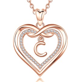 AEONSLOVE Chain with Letters Gold Name Necklace Women's with Letters Rose Gold Heart Initials Pendant with Zirconia Alphabet Charm Copper Jewellery for Women Girls, Copper Cubic Zirconia, Cubic