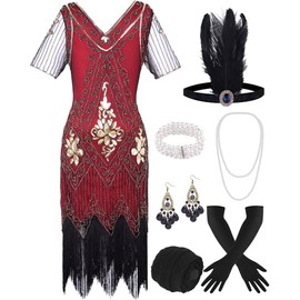 ELFIN 20s Dresses Flapper Dress Women's Fringe Sequin Dress 20s Party Dress Accessories 1920s Costume Dresses with Headband, Headpiece, Long Black Gloves, Necklace, XL, Red Gold