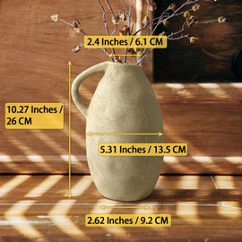 GDSZJLJ Ceramic Rustic Farmhouse Vase with Handle, Beige Vintage Pottery Vase for Home Decor, Rustic Flower Vase for Kitchen, Living Room, Farmhouse Centerpiece, Thanksgiving Decoration, 10.3 Inch