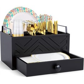 Aikosell Paper Plate Dispenser with Drawer, country style Wood Kitchen Counter, Picnic, Party, Camping - Caddy Organizer for Cups, Spoons, Forks, Plates, office supplies, Napkins & Silverware（Black）