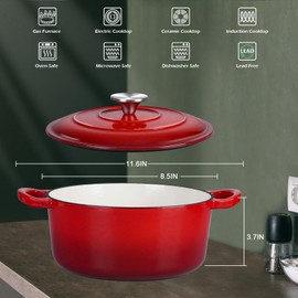 3QT Dutch Oven Pot with Lid, Leonyo 3 Quart Enameled Cast Iron Dutch Oven for Sourdough Bread Baking, Heavy Duty Cookware for Braising, Stews, Roasting, Red
