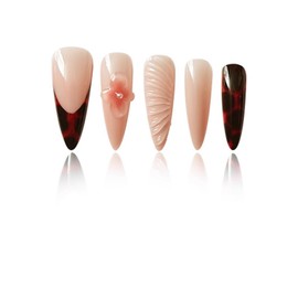 Long Press on Nails Almond 3D Flower Fake Nails French Tip False Nails with Floral Leopard Print Pearls Designs Fall Acrylic Nails Autumn Glossy Glue on Nails for Women Girls 24Pcs