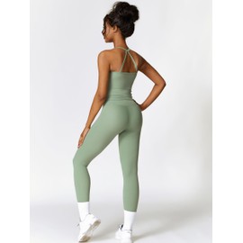 IDOPIP Women's 2-Piece Sports Suit for Fitness: Halterneck Summer Outfits with Padding and High Waist Leggings - Gym Set with Strap Back for Yoga, Pilates and Workout, Green, M
