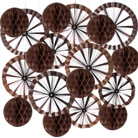 Outus 21 Pcs Western Party Hanging Decoration Wagon Wheel Paper Fans Brown Paper Pom Poms Country Western Hanging Fans Honeycomb Balls for Wild Cowboy Themed Birthday Party Supplies Decor (Chic)