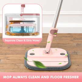 Upgraded Self-Standing Spin Mop and Bucket System, Detachable Inner Mop Bucket Separates Dirty Water & 90° Foldable Head, Triple-Scrub System, 0.9Gal Dual Drainage, for Hardwood Floors (Pink 2 Pads)