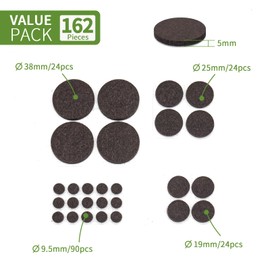 COVERCORNER Felt Furniture Pads for Hardwood Floors 162 PCS, Furniture Pads, Floor Protectors for Hardwood Floors, Felt Pads for Furniture, Round, Dark Brown, Value Pack
