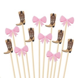JarThenaAMCS 100Pcs Boot or Bow Cocktail Pick Gender Reveal Toothpick Pink Brown Boy or Girl Long Cocktail Appetizer Skewer for Fruit Drink Dessert Baby Shower Party Supplies