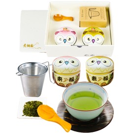 Arahataen Tea Infuser Gift Shizuoka Tea Brand Fukamushi Tea Owl Can, 2.8 oz (80 g) x 2 Tea Strainer, Luxury Gift Box, Shizuoka Tea, Shizuoka Deep Mushi Tea, Suzuko Tea Strainer, Gift Set, Green Tea,