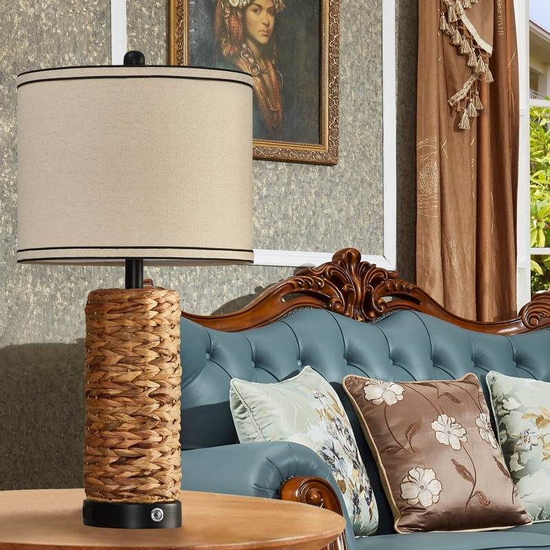 GyroVu Rattan Table Lamp Set of 2, Wicker Lamps, Dimmable