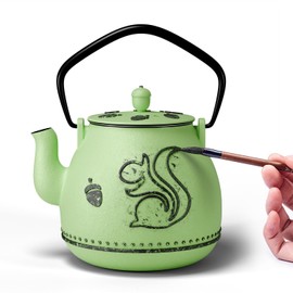 Toptier Teapot with Removable Infuser, Cast Iron Tea Kettle Stovetop Safe, Squirrel Design Tea Pot Coated with Enameled Interior for 32 Ounce (950 ml), Bright Green