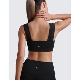CRZ YOGA Butterluxe Womens Square Neck Sports Bras - Supportive Wide Straps Open Back Padded Camisole Yoga Crop Top Black Large