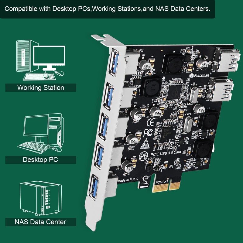 FebSmart 7-Ports Superspeed 5Gbps PCIE USB 3.0 Expansion Card for
