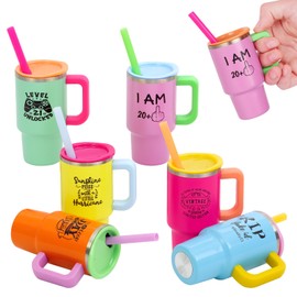 21st Birthday Shot Glass with Lids and Straws Handle, 3.5 oz Stainless Steel Sublimation Mini Tumblers, 21st Birthday Gifts for Him or Her for Drink Cocktail Bar Beach Party Decorations (6 Packs)