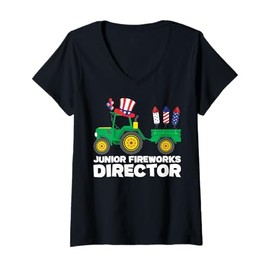 Womens 4th Of July Fireworks Tractor Farm Boys Patriotic Farmer V-Neck T-Shirt