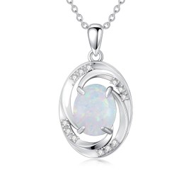 MOTIEL Opal Necklace 925 Sterling Silver Oval October Birthstone with Genuine Diamond Pendant Necklace Birthday Gift for Women Mother Wife