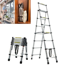 6+7 Step Aluminum Telescopic Folding Step Ladder 6.3FT Heavy Duty Telescoping Ladder 330lb Max Load Portable Multi-Purpose A-Frame Folding Ladder with Handrails Safety Lock Anti-Slip Wide Pedal