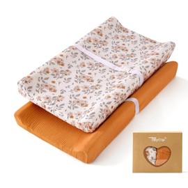 TILLYOU Muslin Changing Pad Cover for Baby Girls Boys, Soft and Breathable Cotton Diaper Changing Table Cover, 2 Pack(Yellow Flower)