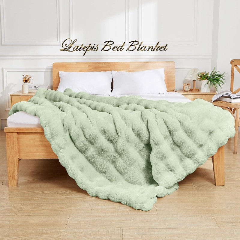 Latepis Faux Fur Throw Blankets Sage Green Bubble Cozy Soft