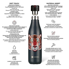 Les Artistes-Paris A-4264 Bottle'Up Thermos Flask, 500 ml, BPA-Free, Reusable, Keeps Hot for 12 Hours and Cold for 24 Hours, Stainless Steel, Tiger Design