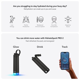 HidrateSpark PRO 2 Smart Water Bottle – 621 ml Insulated Stainless Steel, Tracks Water Intake, Glows & Beeps For Drink Reminder, Bluetooth Sync to App, Chug Lid, BPA-Free, Black (with Apple Find My)