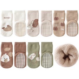 Exegawe Baby Non Slip Socks Winter - 5 Pairs Toddler Kids Thick Warm Crew Socks with Grips for Girls Boys Non Skid Socks(D1-5 Colors,M/1-3 Years)