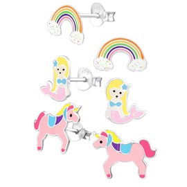 925 Sterling Silver Set of 3 Pairs Rainbow, Mermaid, & Pink Unicorn Stud Earrings (Nickel Free)