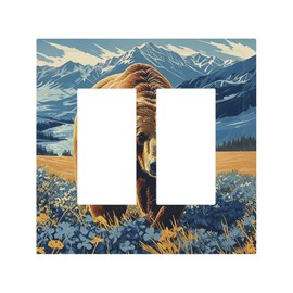Modern Art Bear Nature Scene Mountain Flowers Decorative Outlet Covers 2 Gang Double GFCI Rocker Electrical Wall Panels Light Switch Cover Plate for Bedroom Cabin Decor