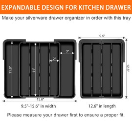 Spaclear Kitchen Silverware Organizer for Drawer - Expandable Silverware Drawer Organizer Adjustable Utensil Drawer Holder, Flatware Cutlery Tray for Spoons Forks Kitchen Organizers Storage,Black, S