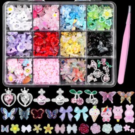3D Cherry Heart Planet Gem Nail Charms Mixed Colors Assorted Butterfly Pearl Heart Flower Star Bowknot Nail Charms Cute Fruit Bear Rabbit Nail Charms Decor for Nails Manicure DIY Nail Supplies