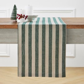 Solino Home Linen Christmas Table Runner 132 inches Long – 100% Pure Stripe Linen Hunter Green and Natural Table Runner 14 x 132 Inch – Farmhouse Table Runner for Winter Decor – Sorrento Stripe