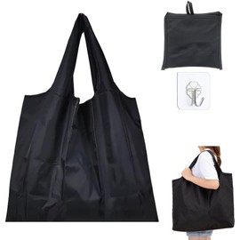 SwirlColor Foldable Shopping Bag, Large Reusable Shopping Bag Lightweight Waterproof Tote Bag With Attached Pouch Washable Foldable Bags for Shopping Grocery (Black)