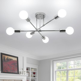 Comely Modern 6-Light Sputnik Chandelier Ceiling Lights, Adjustable Semi-Flush Mount Ceiling Lamp with E27 Base, Industrial Style Silver Ceiling Light for Living Room Bedroom Dining Room Kitchen