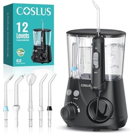 COSLUS E2 Oral Irrigator Electric Professional Teeth: 2 Modes & 12 Pressure Levels - 600 ml Water Tank Dental Irrigator for Families Oral Health Enthusiasts/Orthodontics Patients - Household/Bathroom with 5 Nozzles - Black