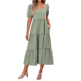 KIRUNDO Women Summer Dresses 2025 Spring Fashion Boho Puff Sleeve Square Neck Pocketed Loose Fit Tiered Flowy Maxi Dress(Light Green, Large)