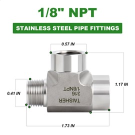 TAISHER 1PCS Forging of 316L Stainless Steel Tee Pipe Fittings, 1/8" NPT Female x 1/8" NPT Female x 1/8" NPT Male Pipe Fittings, Male Run Tee