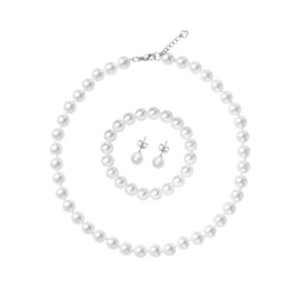 LZMEI 8mm Colors Faux Hand Knotted Glass Imitation Pearls Beads Necklace Earring Bracelet Jewelry Set for Women and girls (White 16inch)