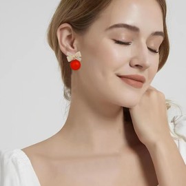 Aishgjia Christmas Earrings for Women Christmas Bow Earrings Xmas Earrings Red Ball Pearl Bow Earrings Gifts Trendy Stuff Christmas Jewelry for Women (Red)