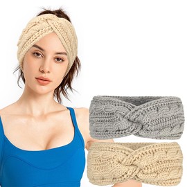 VBKITW Pack of 2 (Beige + Light Grey) Women's Winter Headbands, Headbands, Women's Winter Lined Fleece Headbands, Knitted Headbands