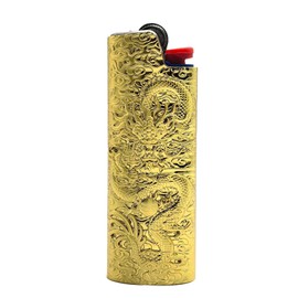 Lucklybestseller Metal Lighter Case Cover Holder Vintage Dragon Engraving for BIC Full Size Lighter J6 (Gold)