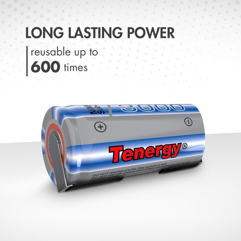 Tenergy NiMH SubC 1.2V 3000mAh Rechargeable Batteries, with Tabs, 15