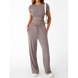 Trendy Queen Womens 2 Two Piece Set 2025 Summer Workout Beach Vacation Gym Clothes Fashion Lounge Loungewear Matching Sweatsuit Sweat Casual Wide Leg Pants Travel Outfit Fitness Athletic Clothing