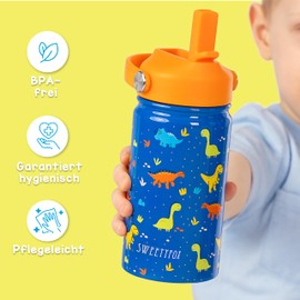 Sweety Fox Stainless Steel Children's Dino Drinking Bottle, BPA-Free, Children's Bottle with Straw and Brush, Suitable for Children from 3 Years
